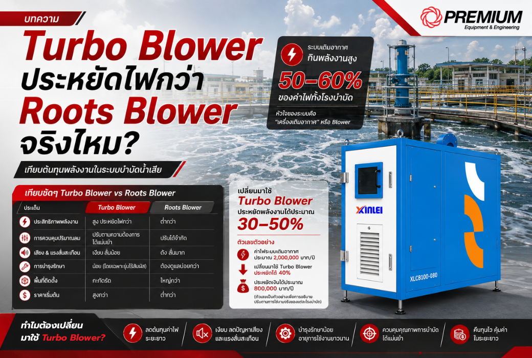Turbo Blower ประหยัดไฟกว่า Roots Blower จริงไหม? เทียบต้นทุนพลังงานในระบบบำบัดน้ำเสีย